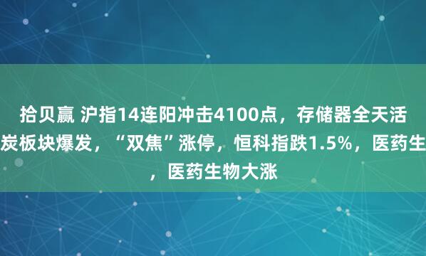 拾贝赢 沪指14连阳冲击4100点，存储器全天活跃，煤炭板块爆发，“双焦”涨停，恒科指跌1.5%，医药生物大涨